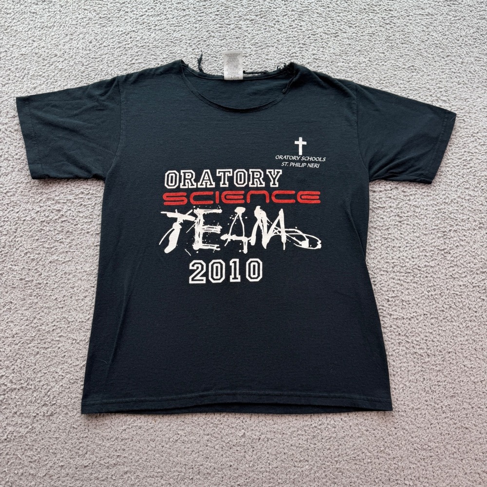 Vintage 2010 Oratory Science Team Distressed Graphic T-Shirt Black XS